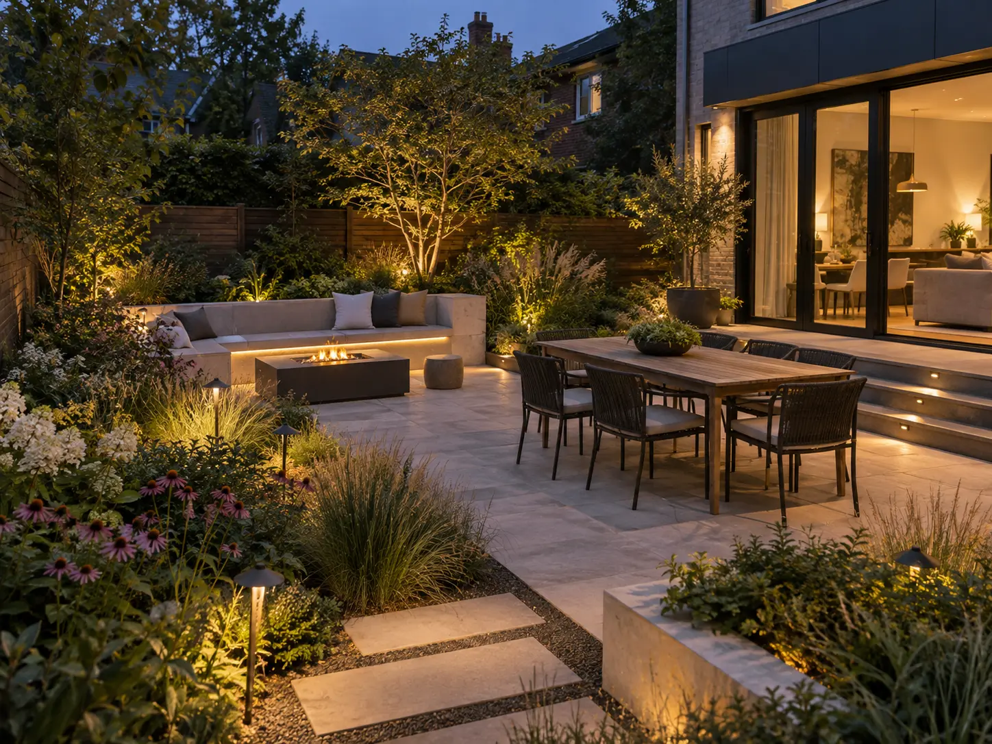 Backyard landscape design with a courtyard garden, paver patio, and layered planting