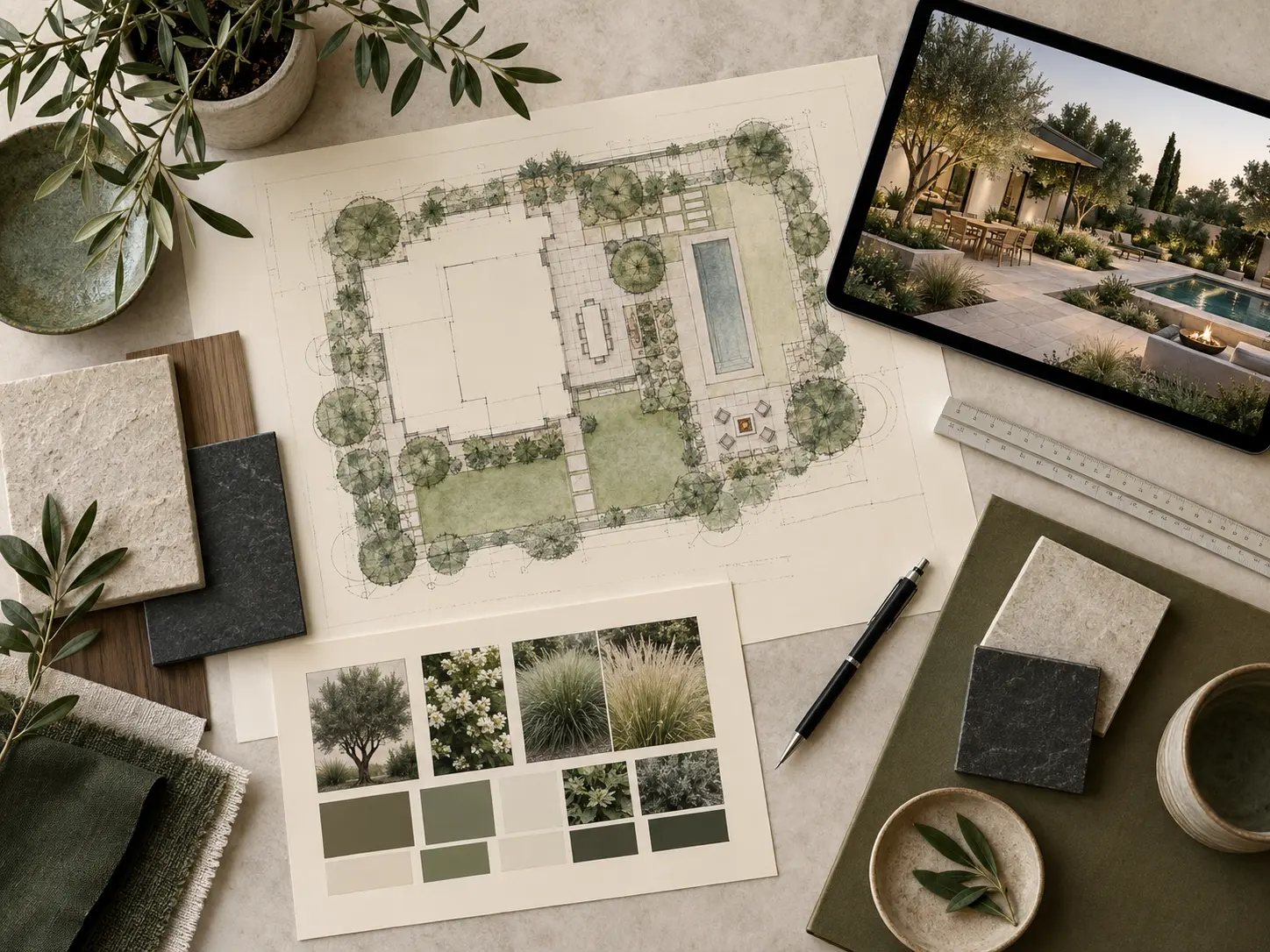 Illustrative studio scene with landscape plans and material samples