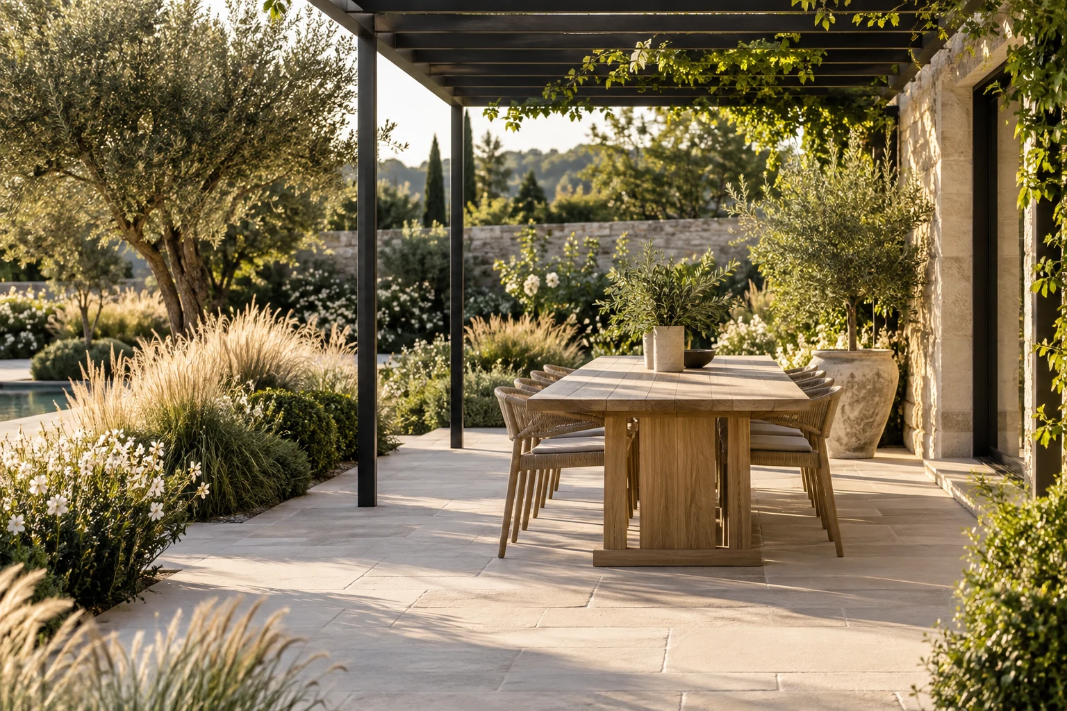 Illustrative outdoor dining garden beneath a modern pergola