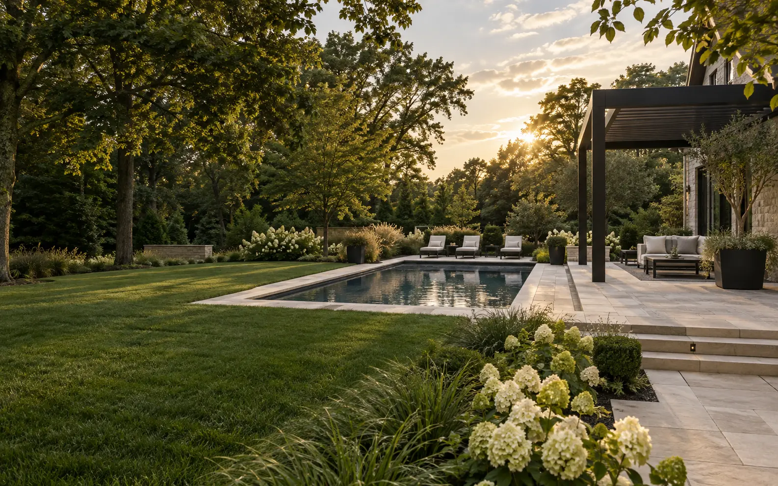 Illustrative pool garden concept with layered planting and a sheltered terrace