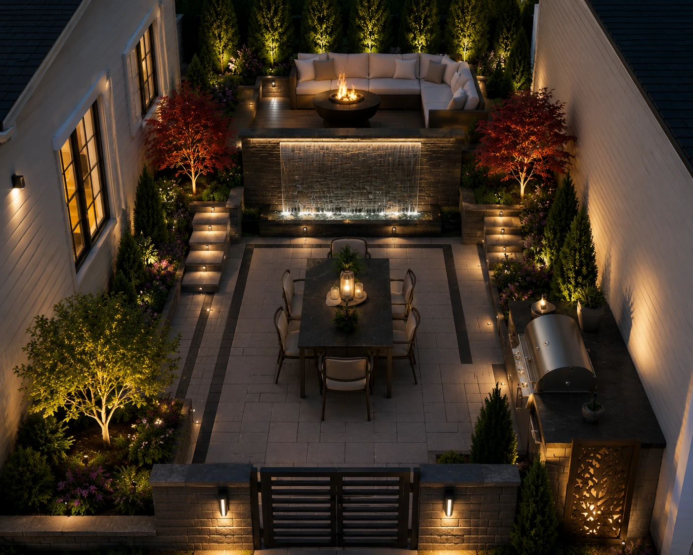Small landscape design spaces with landscape lighting and paver patio