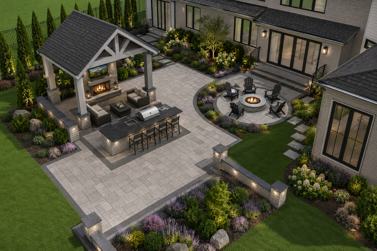 Backyard patio design, pavillion, outdoor kitchen, fire pit, and planting