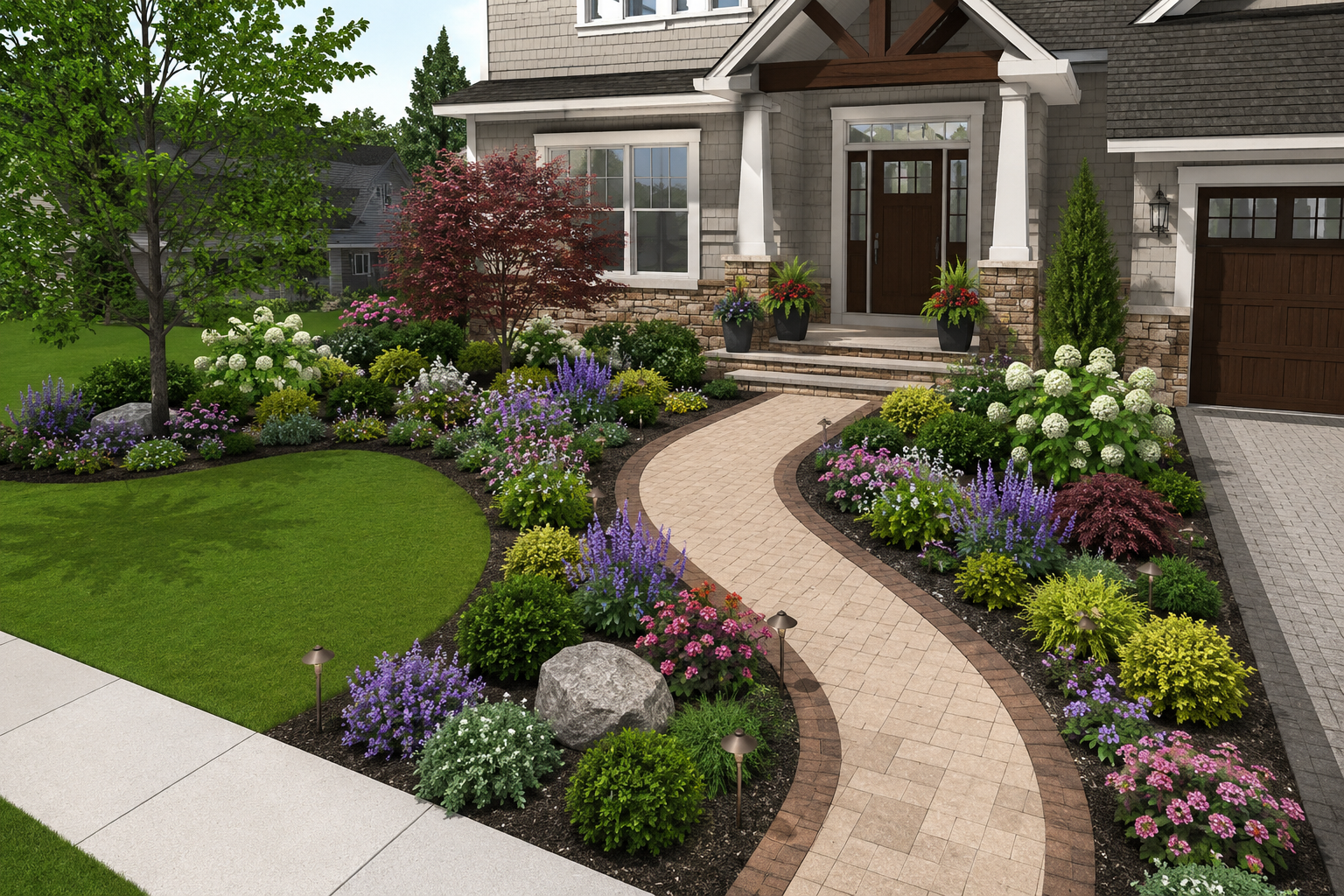 Front yard landscape design with curved paver walkway.